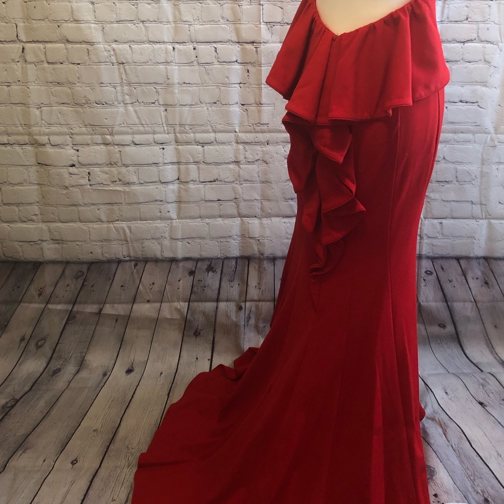 Xscape Red Backless Formal Gown with Ruffled Back - Picture 3 of 7